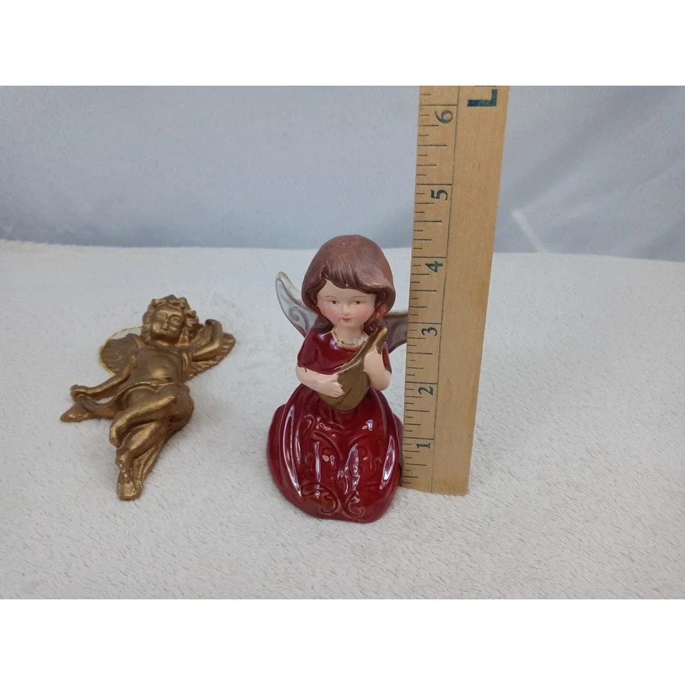 Angel Figurines Set of 2 Gold & Red Harp Hanging Christmas Holiday Decor‎